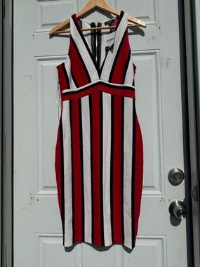 Privy Red, White & Black Striped V-Neck Midi Dress